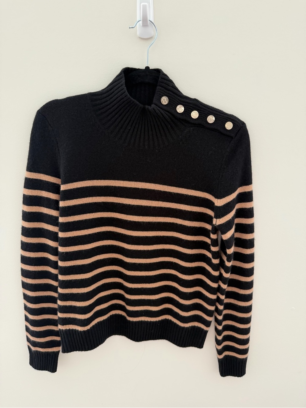 Maje Black and Tan Striped Button-Shoulder Turtleneck Sweater